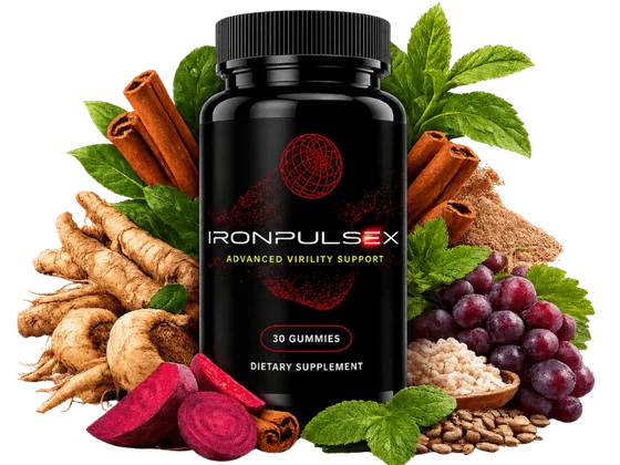IronPulseX advanced virility support gummies bottle surrounded by its botanical ingredients: maca root, beet root, grape seed, cinnamon and horny goat weed